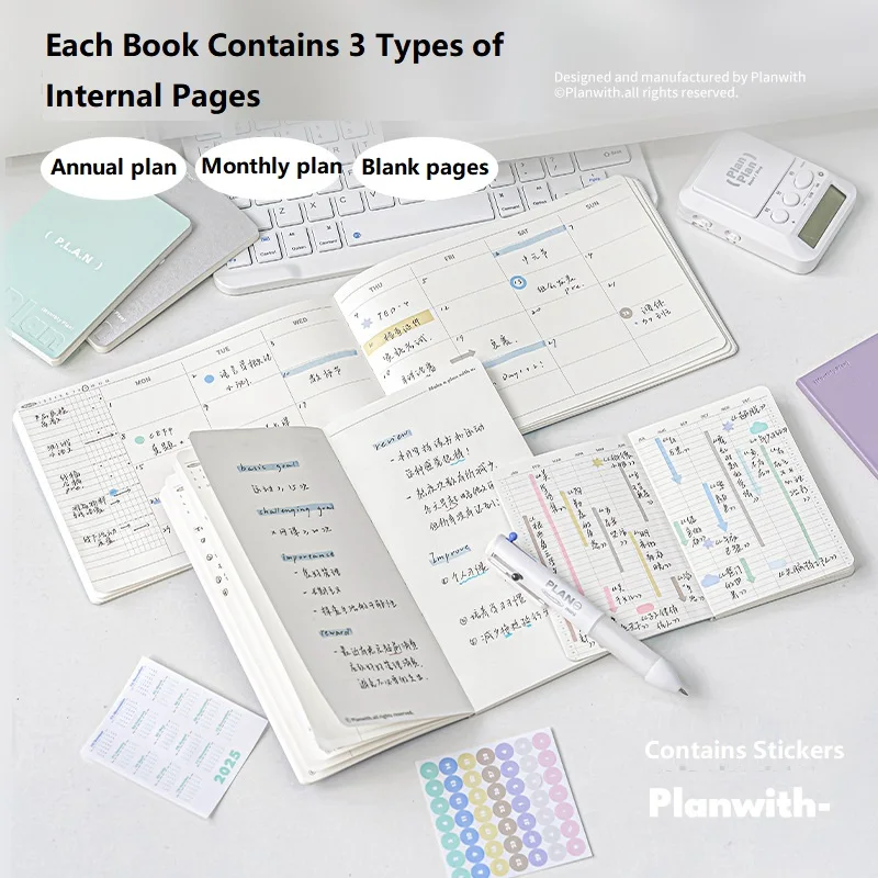 Planwith Notebook perencana tanpa tanggal, buku catatan harian kulit lembut A6/A7/Horizontal 32 lembar mengisi sendiri bulanan, portabel untuk mengerjakan Daftar