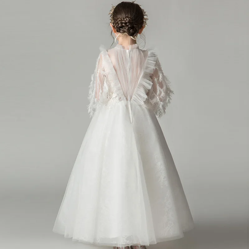 JDY Custom Girls' Floral Lace Embroidery Dress, Wedding Princess Gown & Performance Outfit, Formal Attire for Christmas Party