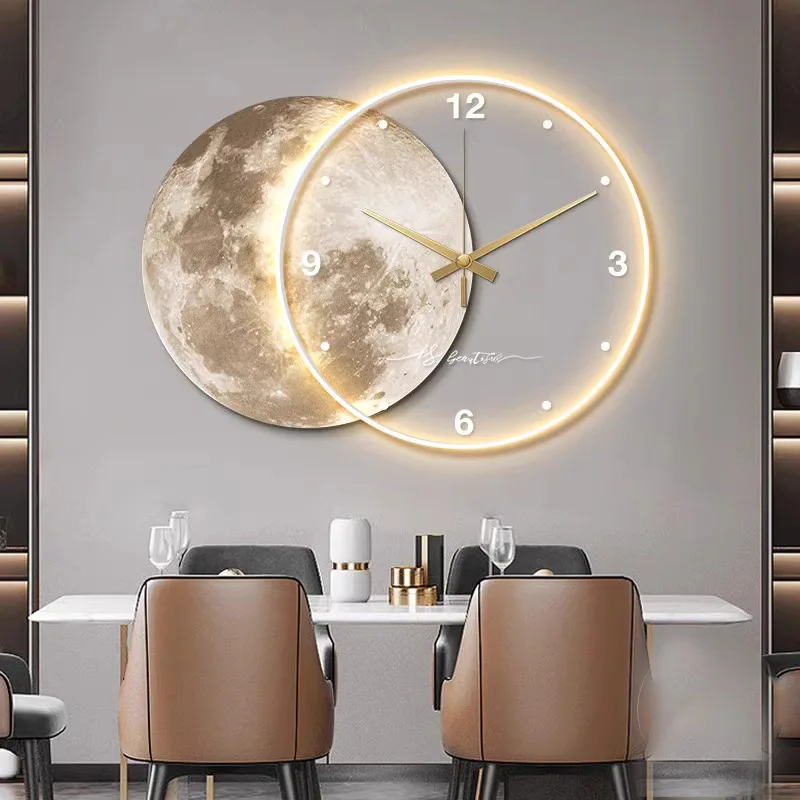 High end lunar LED lights with clocks, living room wall paintings, creative clock wall lights