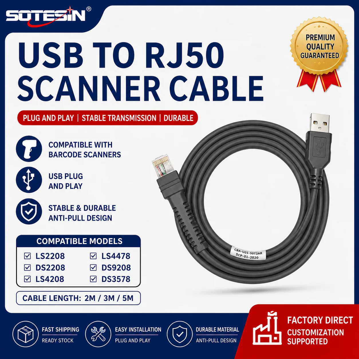 Cabo SOTESIN USB para RJ50 para scanner de código de barras Motorola Symbol Zebra LS2208 AP DS2208 DS2278 DS8178 LS1203 LS4208 DS4208