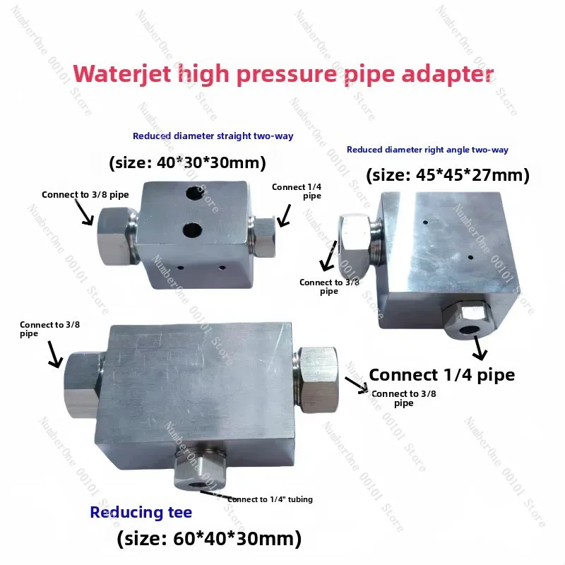 Waterjet Right Angle Reducing Tee Fitting, 1/4 to 3/8 Pipe Adapter, Two Way Waterjet Accessory