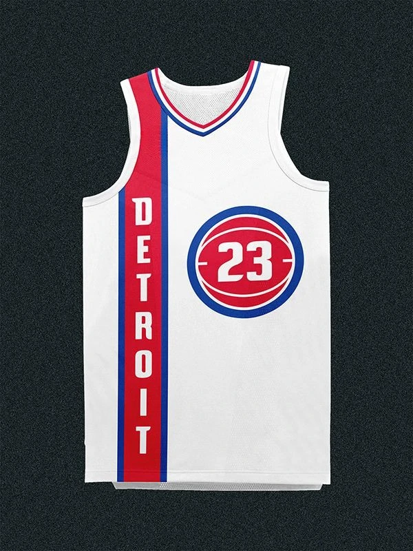 Detroit Pistons # 23 Basketball Jersey Family White with Red and Blue Vertical Trim Breathable Mesh Sleeveless Retro Sports Vest