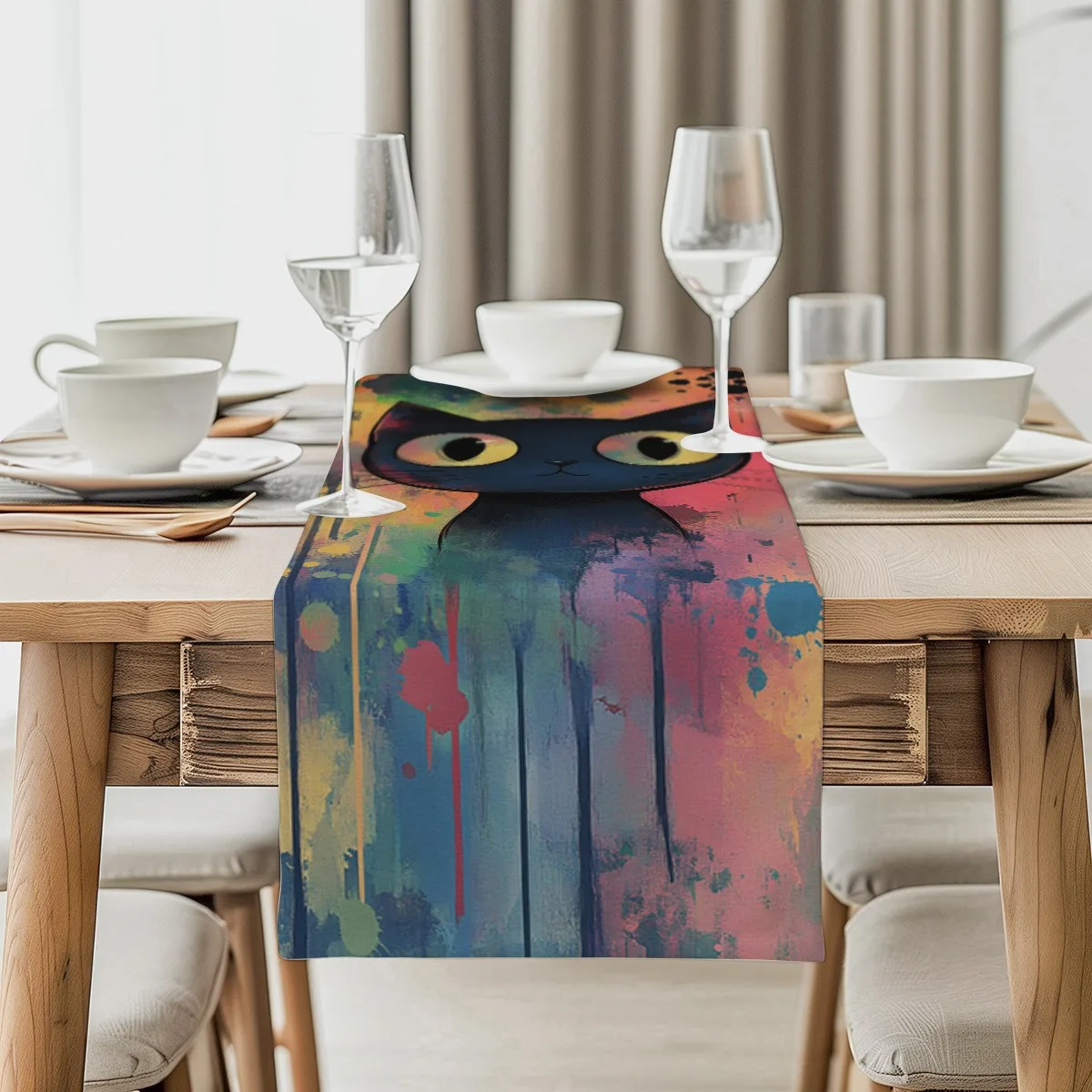 

print table runner Cute Cat Big Eyes Abstract Splash Style Print Table Flag for Kitchen, Dining Room, Outdoor Garden Parties Pol