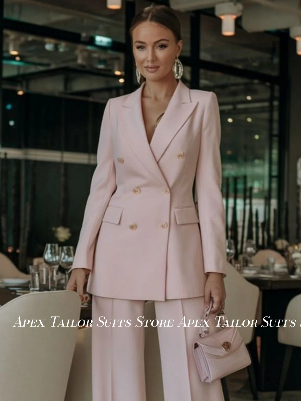 Women Suit 2 Pieces Elegant Light Pink Double Breasted Blazer Pants Set Business Office Wedding Guest Outfits Casual Suit