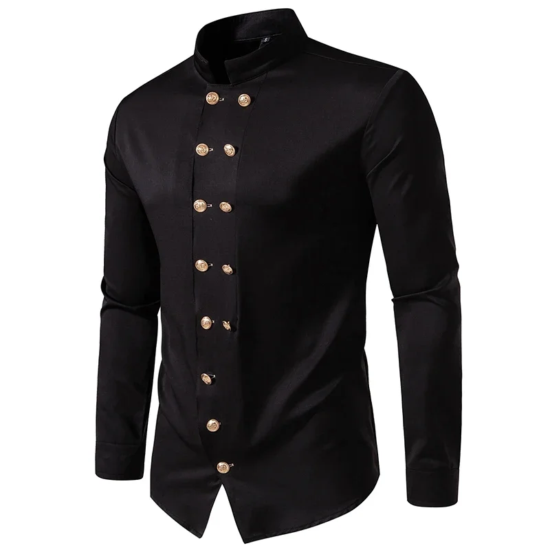 Spring Autumn Men Fashion Double Breasted Personality Shirt Long Sleeve Casual Formal Vintage henry collar Shirt