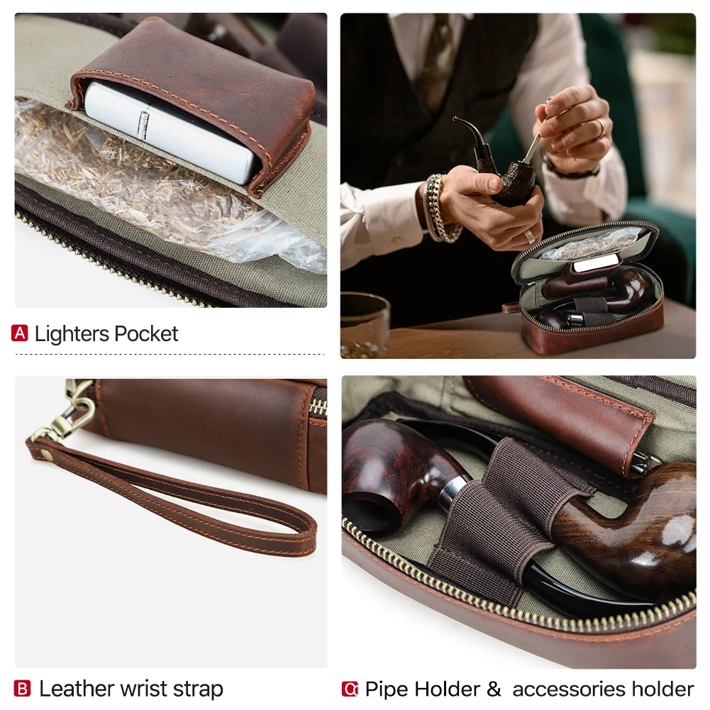 Portable Genuine Leather Tobacco Pipe Bag Can Hold Two Pipes Zippered Cigarette Holder Smoking Paper Holder Case Wallet Bag