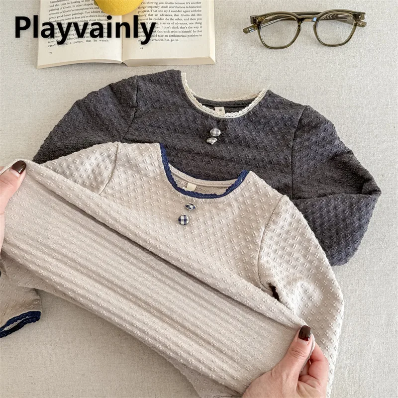 

Toddler Kids' Beige Grey Long Sleeve T-shirt Lace O-neck Button Decoration Pullover Tops Children Base Shirt for Autumn A6025