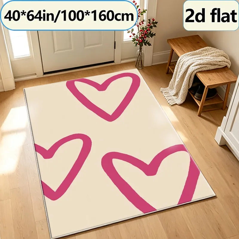 Hand-Painted Magenta Outline Heart-Shaped Rug, Cute Aesthetic Rug, Suitable for Living Room, Bedroom, and Home Floor Decoration