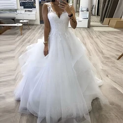Elegant A Line Women's Wedding Dresses Modern Appliques Lace Bride Gowns Sexy V Neck Sleeveless Tiered Vestidos De Novia Boda