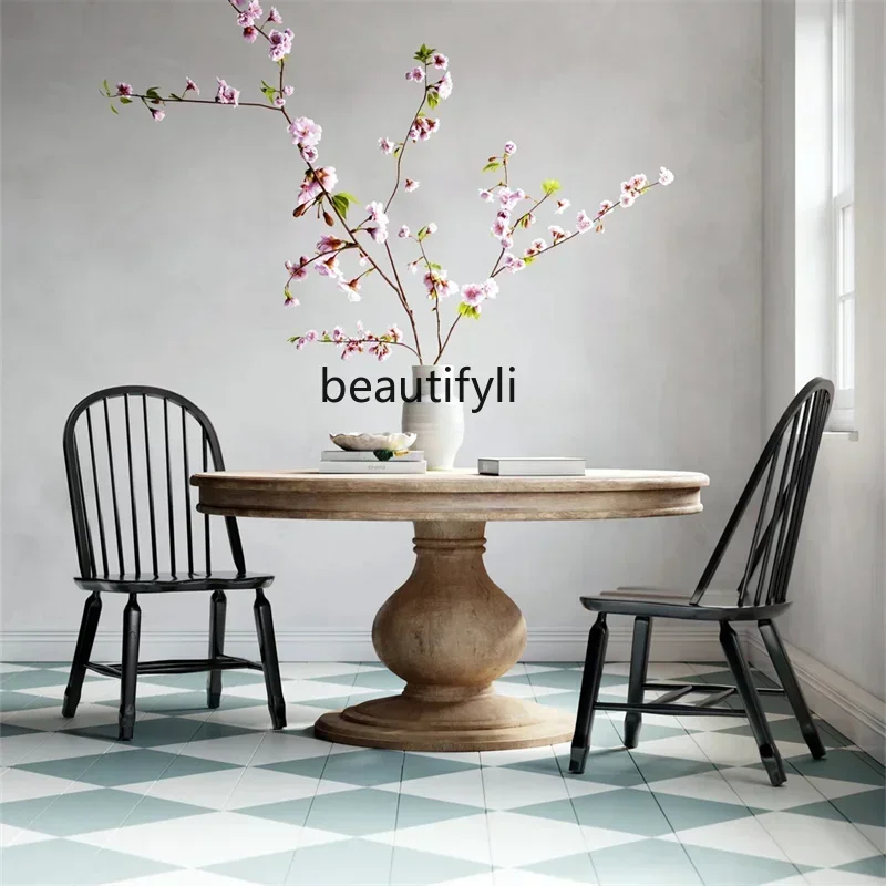 NQ Solid wood dining table round table household ash wood round dining table American retro 1.2 meters log restaurant