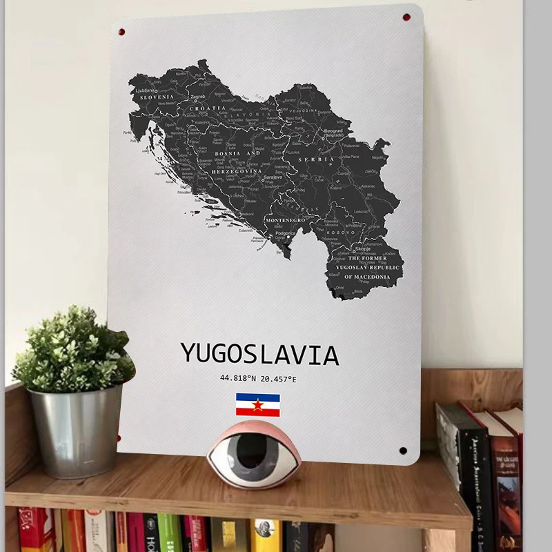 Former Yugoslavia Map Metal Wall Art Federal Emblem Vintage Decorative Painting for Living Room Study