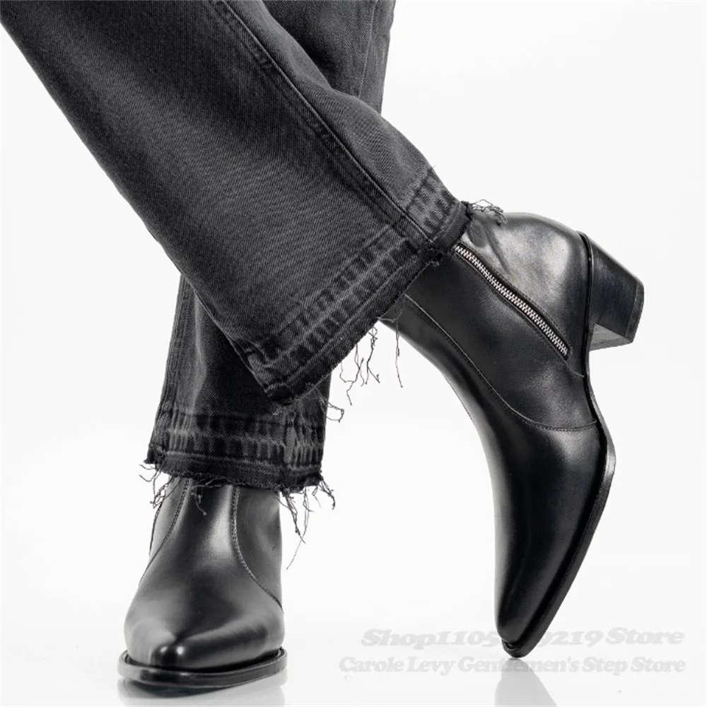 รองเท้าบูทเชลซีส้นสูงหัวแหลมสีดำผู้ชายหนังแท้สไตล์อังกฤษมีซิปด้านข้างทันสมัยหรูหราเหมาะสำหรับธุรกิจและงานทางการ