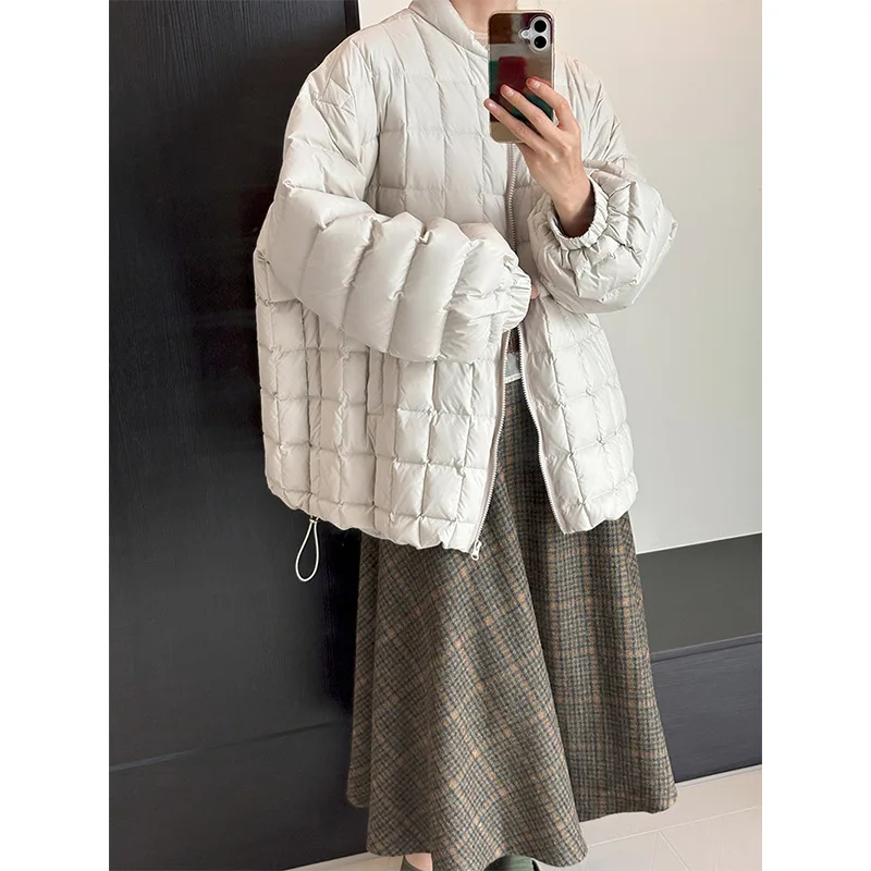 

Korean Checkered Puffer Coat with Lantern Sleeves, Women's Loose High-Collar Winter Jacket