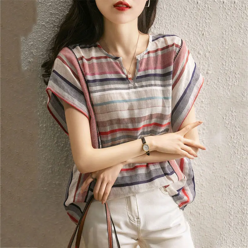 

Casual Contrasting Colors Striped T-shirt Women's Elegant V-Neck Summer Short Sleeve Loose Korean Hollow Out Spliced Pullovers