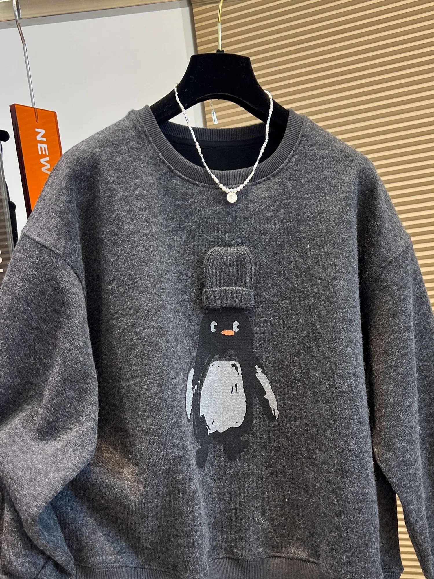 Koreaanse Sle Fce gevoerde lange mouwen ronde hals pinguïnprint sweatshirt dames plus size comfortabele winter nieuwe collectie top