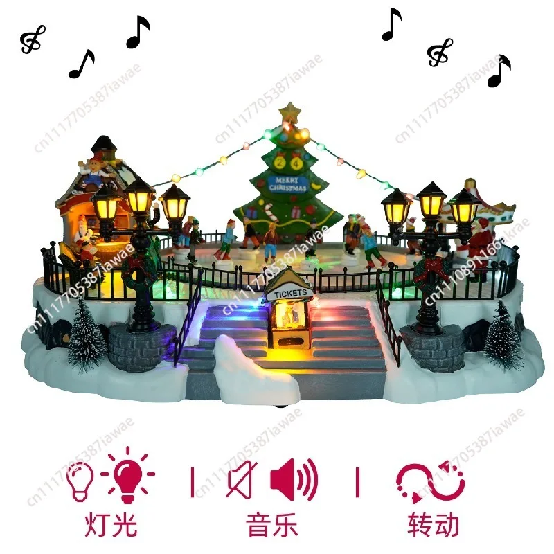 Festive New Ski Christmas Scene Playground Music Box Set Ice Rink Scene Ornament
