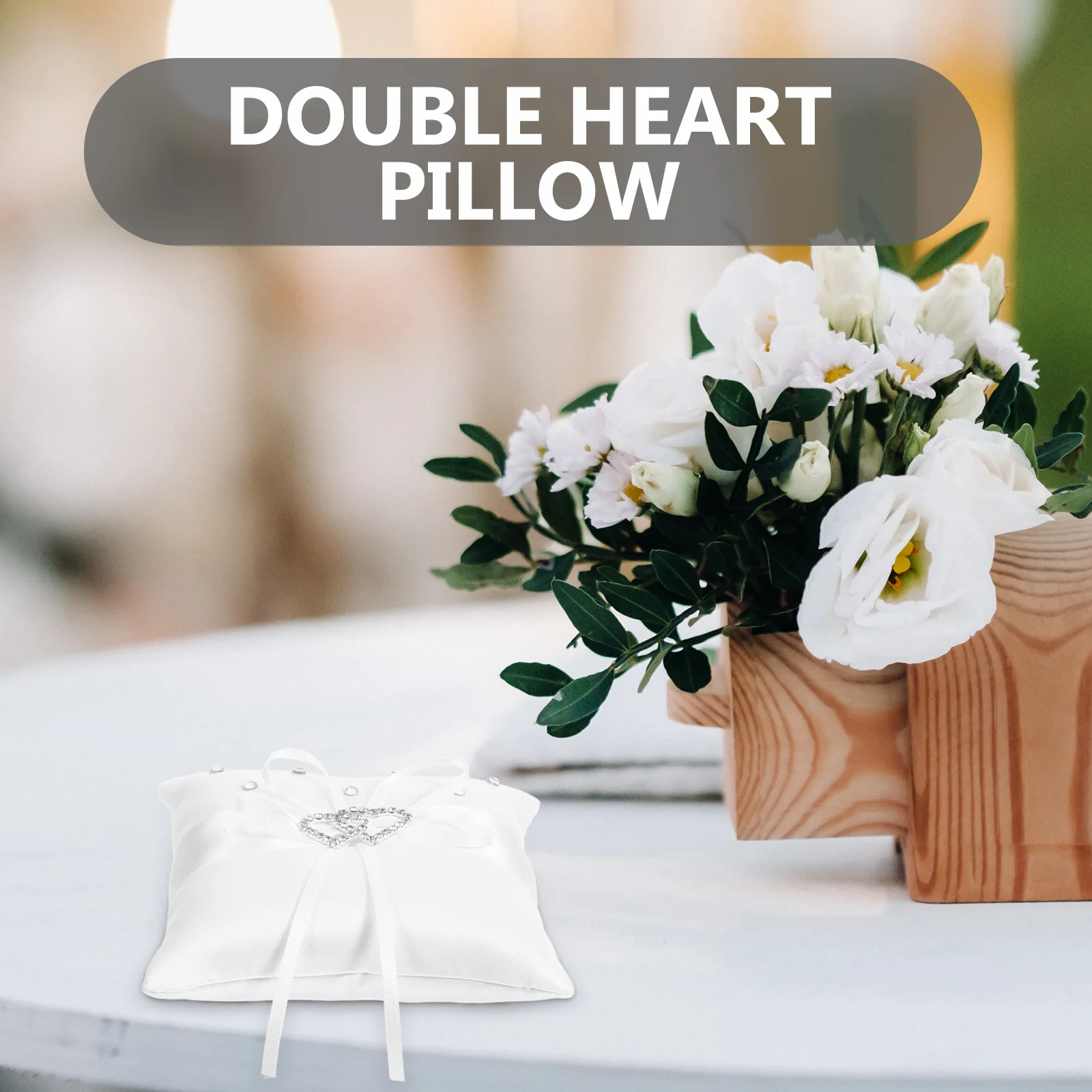 Wit 10*10Cm Dubbel Hart Trouwring Drager Kussen Satijnen Lint Decor Bruidsceremonie Kussen Voor Pagina