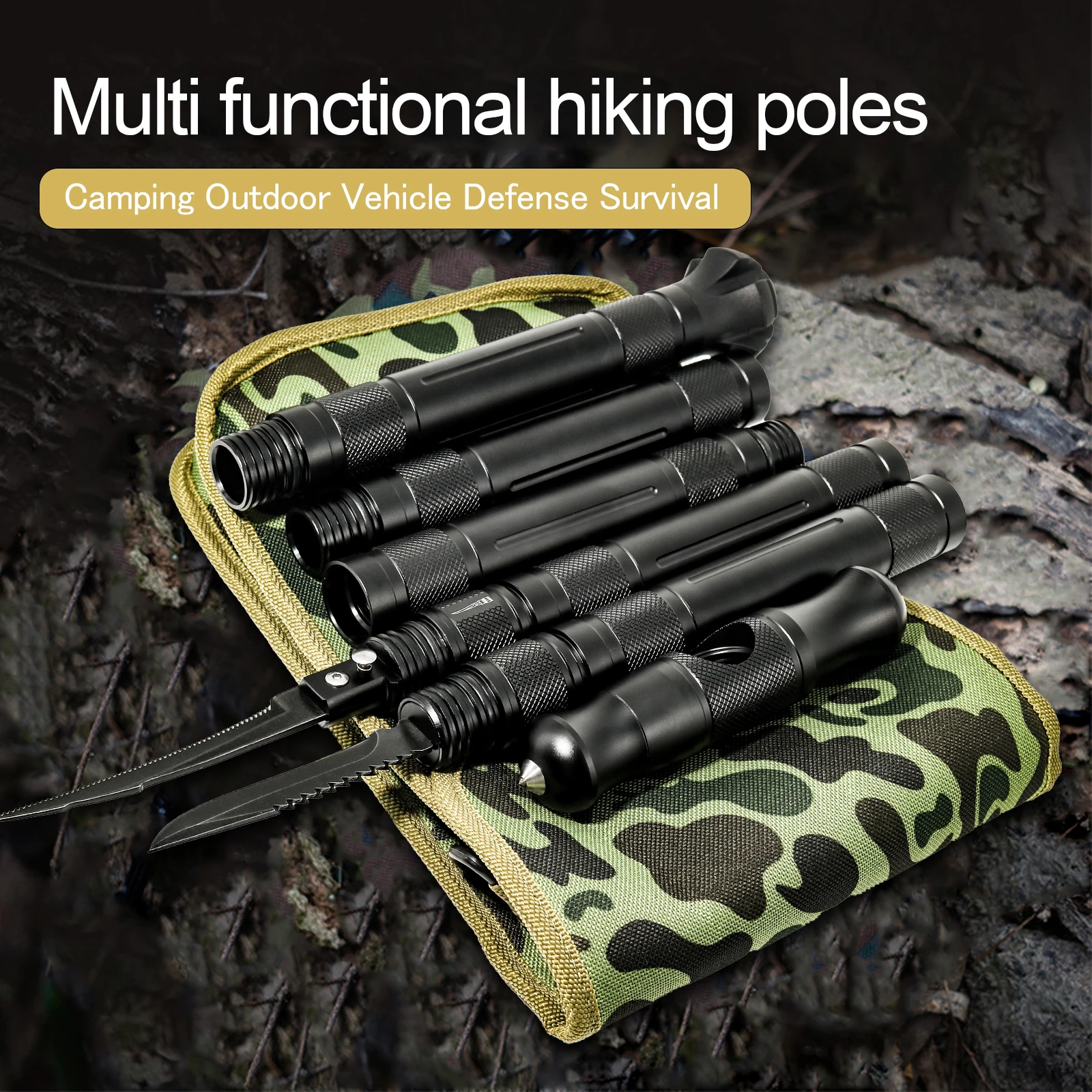 Multi-function Trekking Poles Tungsten Steel Stick Detachable Walking Sticks Portable Folding Outdoor Camping