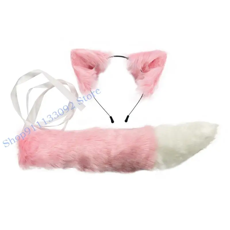 H9ED realistyczne pluszowe pałąk do ucha zwierząt z ogonowym zestawem kostiumów anime maskarady Kobiety