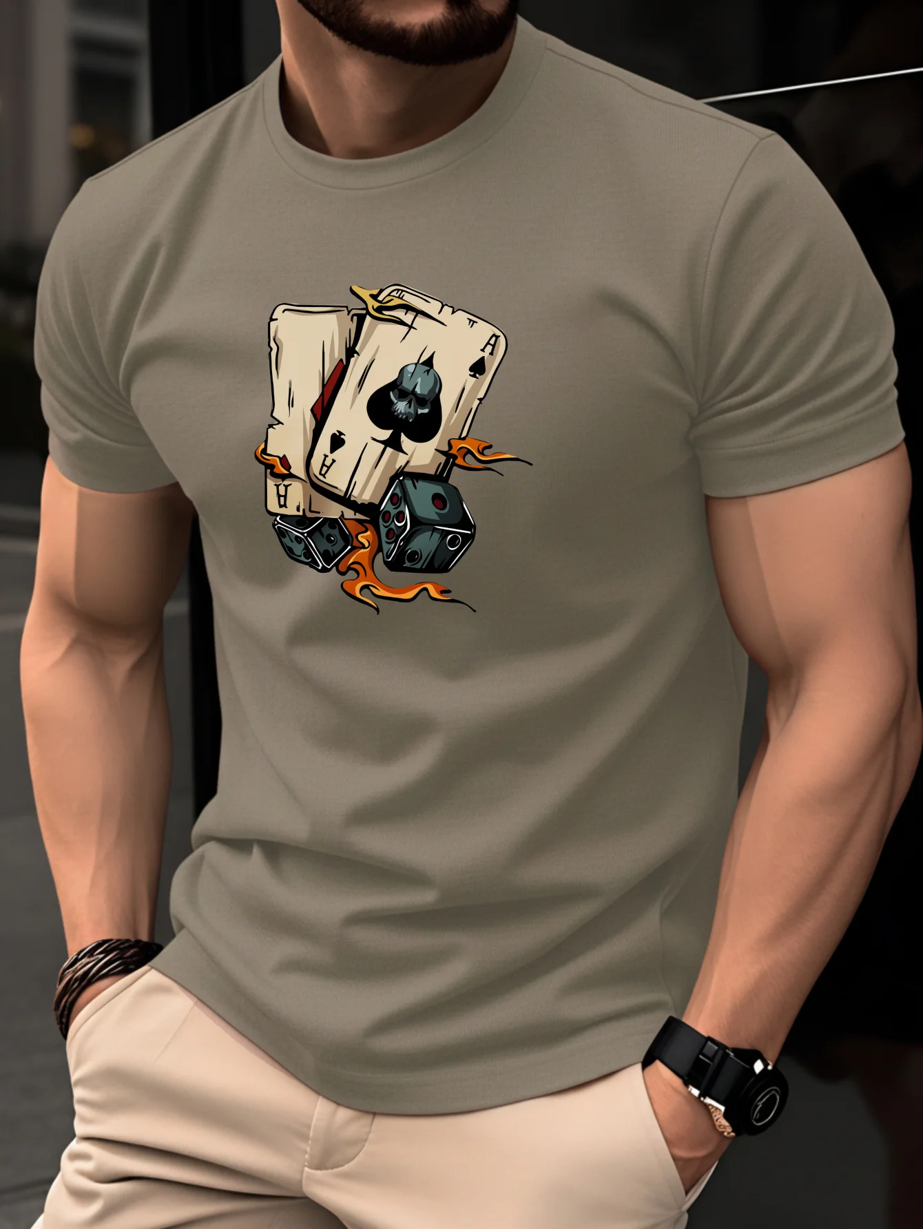 100% Cotton Summer Men's Casual Loose Poker Card Spade A Print Dice Flame Pattern Round Neck Short Sleeved T-Shirt Top