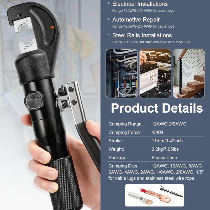 Kit de herramientas de engarzado hidráulico manual con 9 troqueles, engarzadora de terminales de cable hidráulico, 8 US TON 12 AWG a 00 (2/0)
