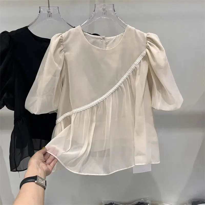 

Summer women's casual fashion elegant commuting solid color loose splicing pleated French niche bubble sleeve doll chiffon shirt