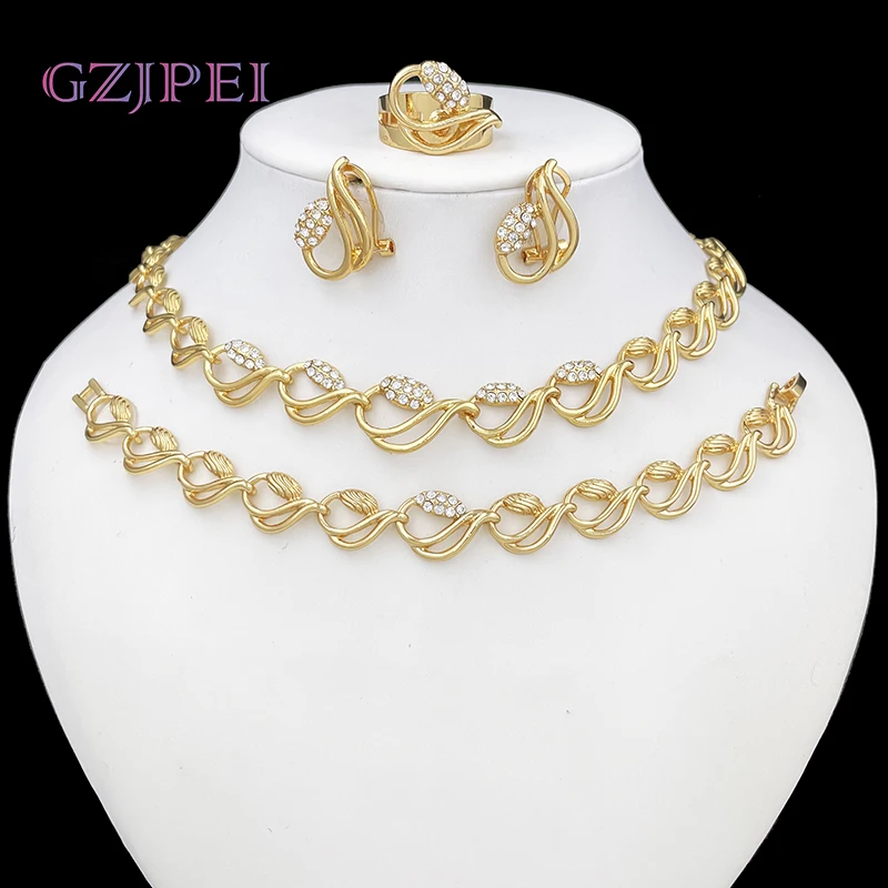 

Elegant Women 18K Gold Plated Jewelry Set Simple Necklace Earrings Bracelet And Ring 4pcs Full Set Jewelry Wedding Party Gift