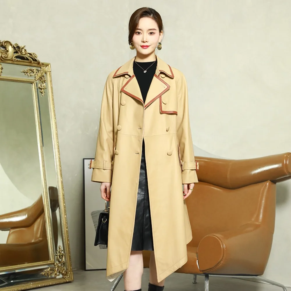2025 New Spring Autumn Genuine Leather Jacket Women Long Sheepskin Trench Coat Slim Fit Outerwear