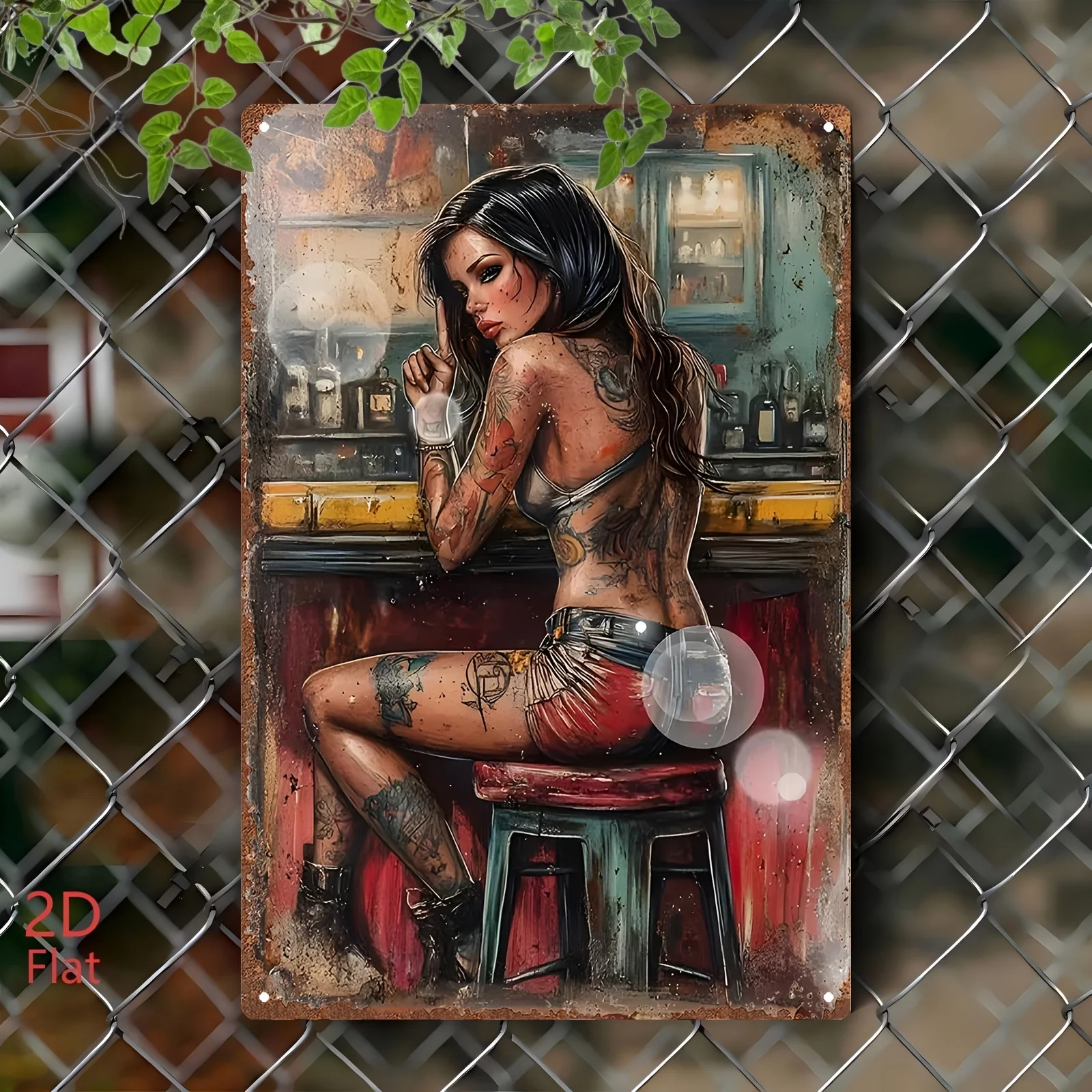 Sign Featuring a Tattooed Woman Sitting at a Bar, with a Slightly Worn Background That Creates a Unique Atmosphere.