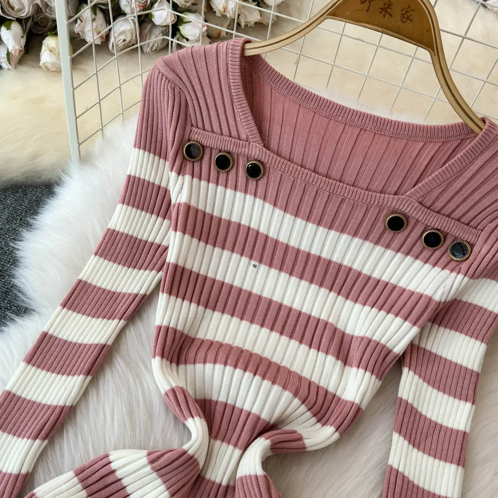 Vintage Square Collar Elegant Long Sleeve Button Patchwork Striped Knit Dress Slim Korean Fashion Women Autumn Winter Clothing