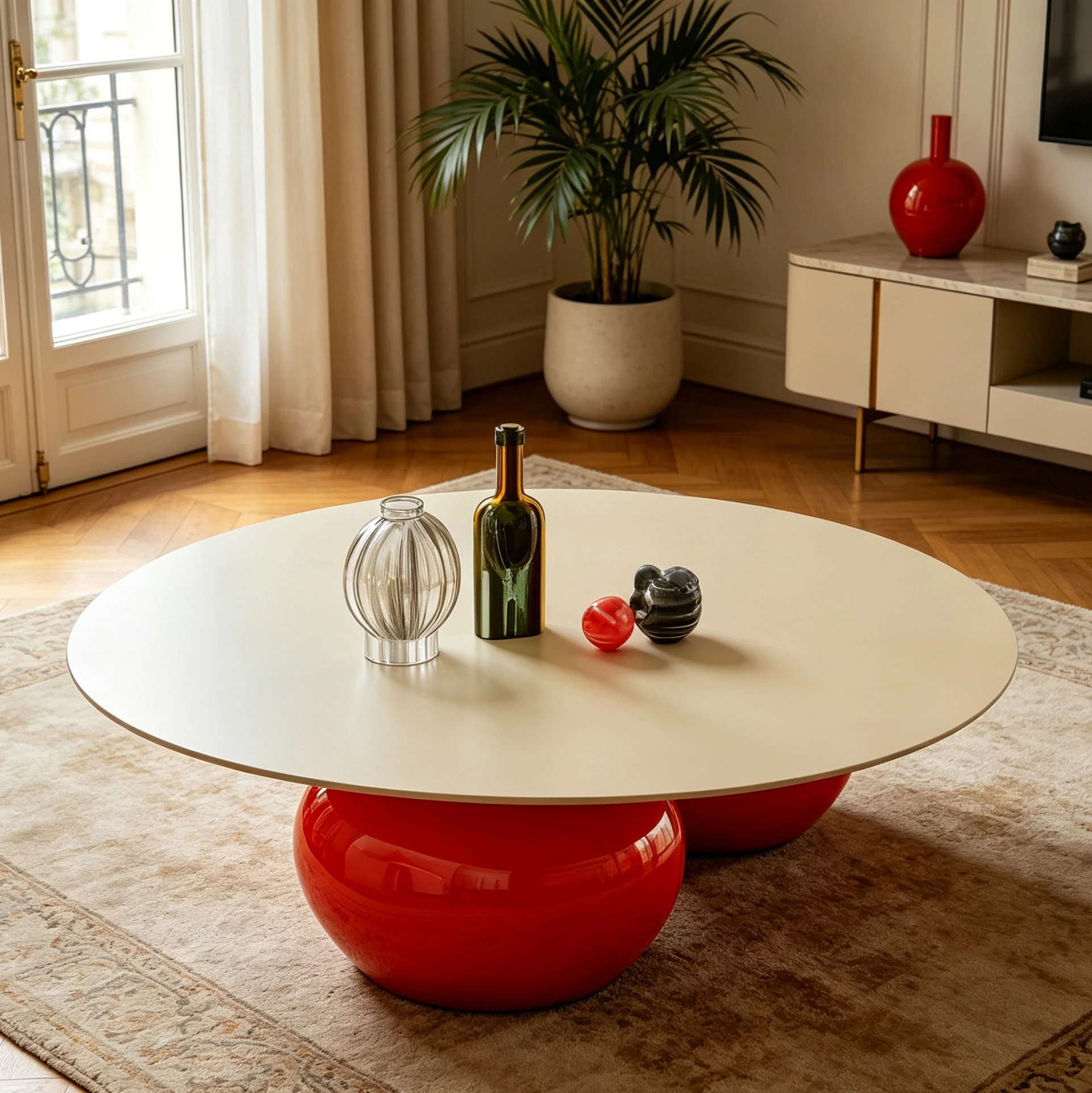 Highlight round coffee table with red bubble base decorating center table