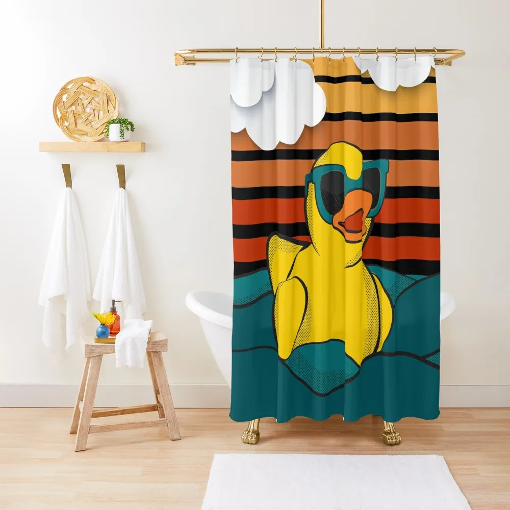 

Vintage Retro Sunset Art Of Zoo Cute Yellow Rubber Duckling Bath Toy Rubber Duck Ducky Shower Curtain For Bathroom Curtain