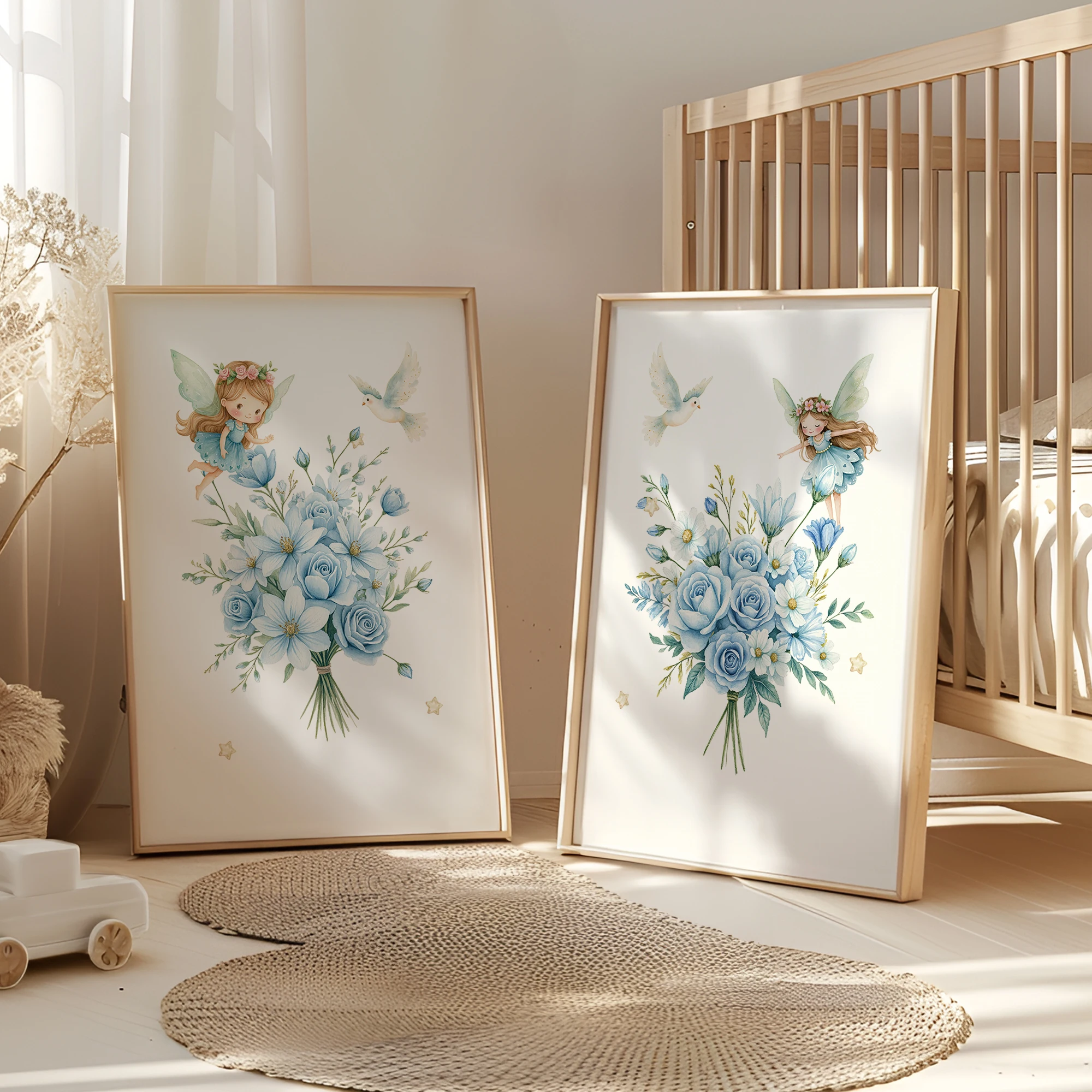 3 uds nombre personalizado lindo elfo azul pájaro flor pared arte impresión imagen sala de estar niños habitación decoración del hogar