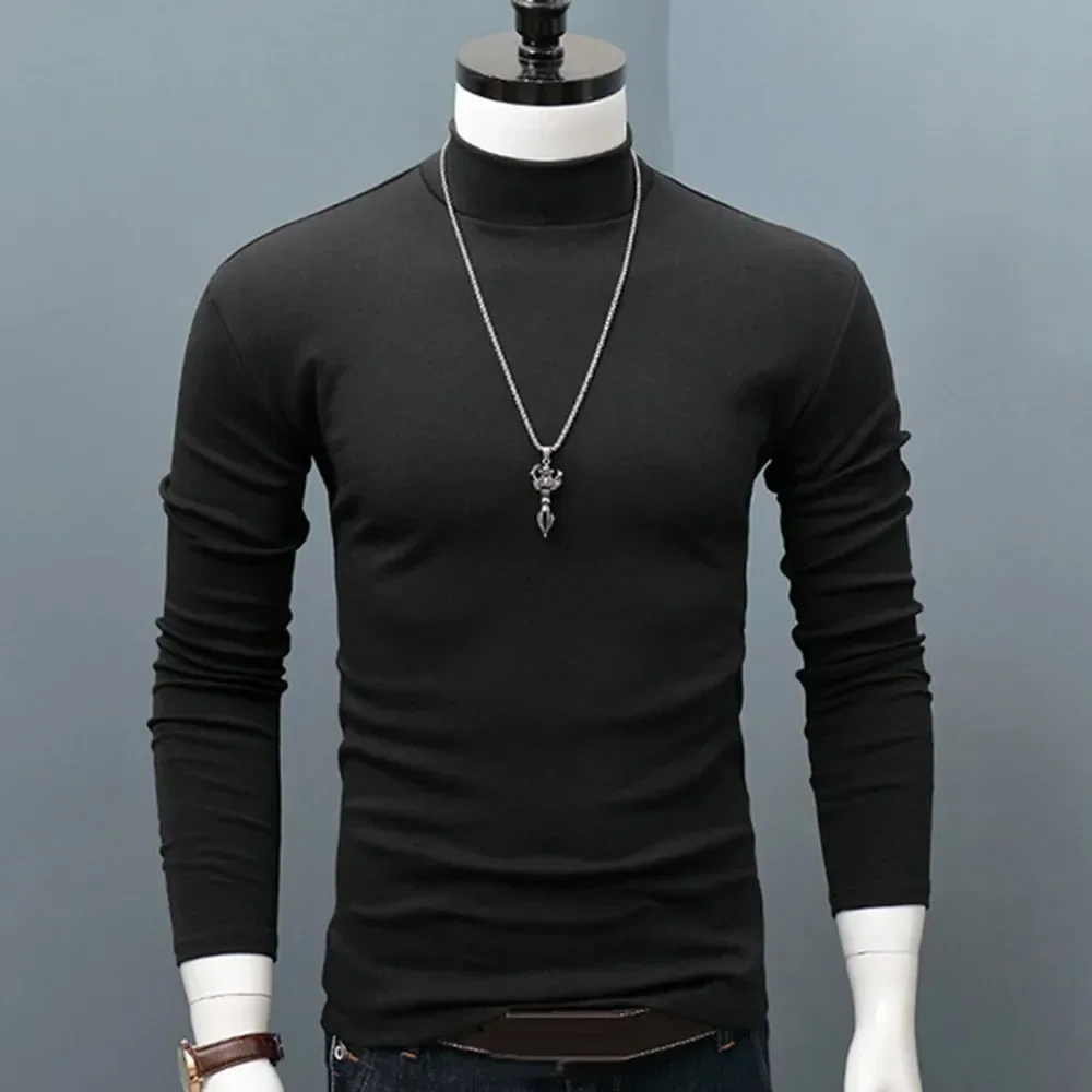 New Winter Warm Men Mock Neck Basic Plain T-shirt Blouse Pullover Long Sleeve Top Fashion Male Outwear Slim Fit Stretch Sweater