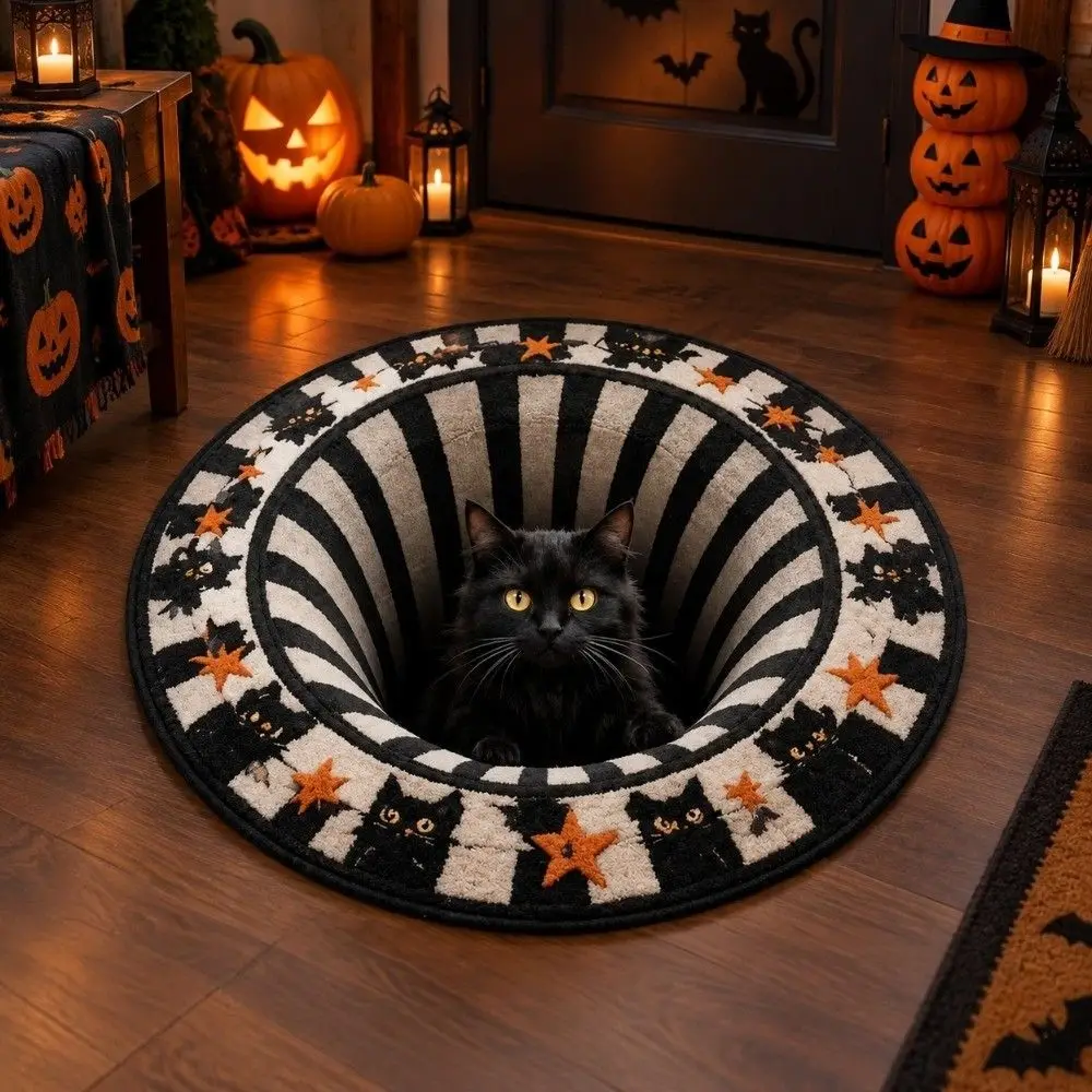 3D Visual Halloween Rug Optical Illusion Design Ghost Cat Pattern Round Plushie Rug Washable Non-Slip Bottom Holiday Doormat