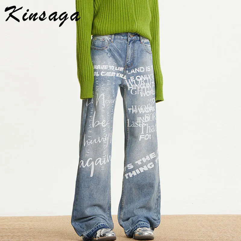 

Men Women Letters Painting Straight Fit Jeans Y2k Streetwear Boyfriend Retro Ripped Cleanfit Couple's Denim Trousers Traf Jean