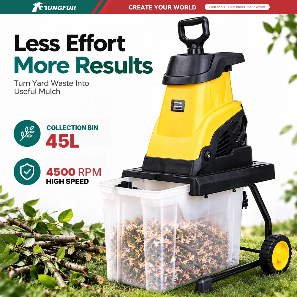 Electric Wood Chipper Shredder 45L Collection Box Garden Branch Leaf Shredder with Wheels Portable Mulcher for Yard Tree
