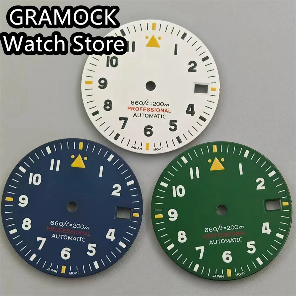 GRAMOCK 29mm Pilot Watch Dial Black White Blue Green Sterile Dial Wristwatch Accessories Parts Fit NH35 NH36 Automatic Movement