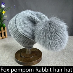 2024 Angora Knit Winter Hat For kid Womens Fluffy fox fur pompom hat Beanies Luxury Big size Bonnet Female Soft Warm Skullies