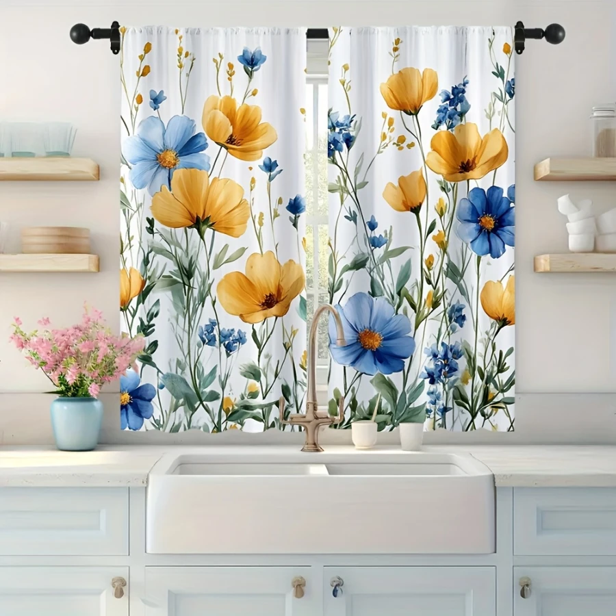 2PCS Digital Printed Curtains, Blue Yellow Wildflowers Design, Floral Flower Style for Living Room Bedroom Kitchen Home Decor