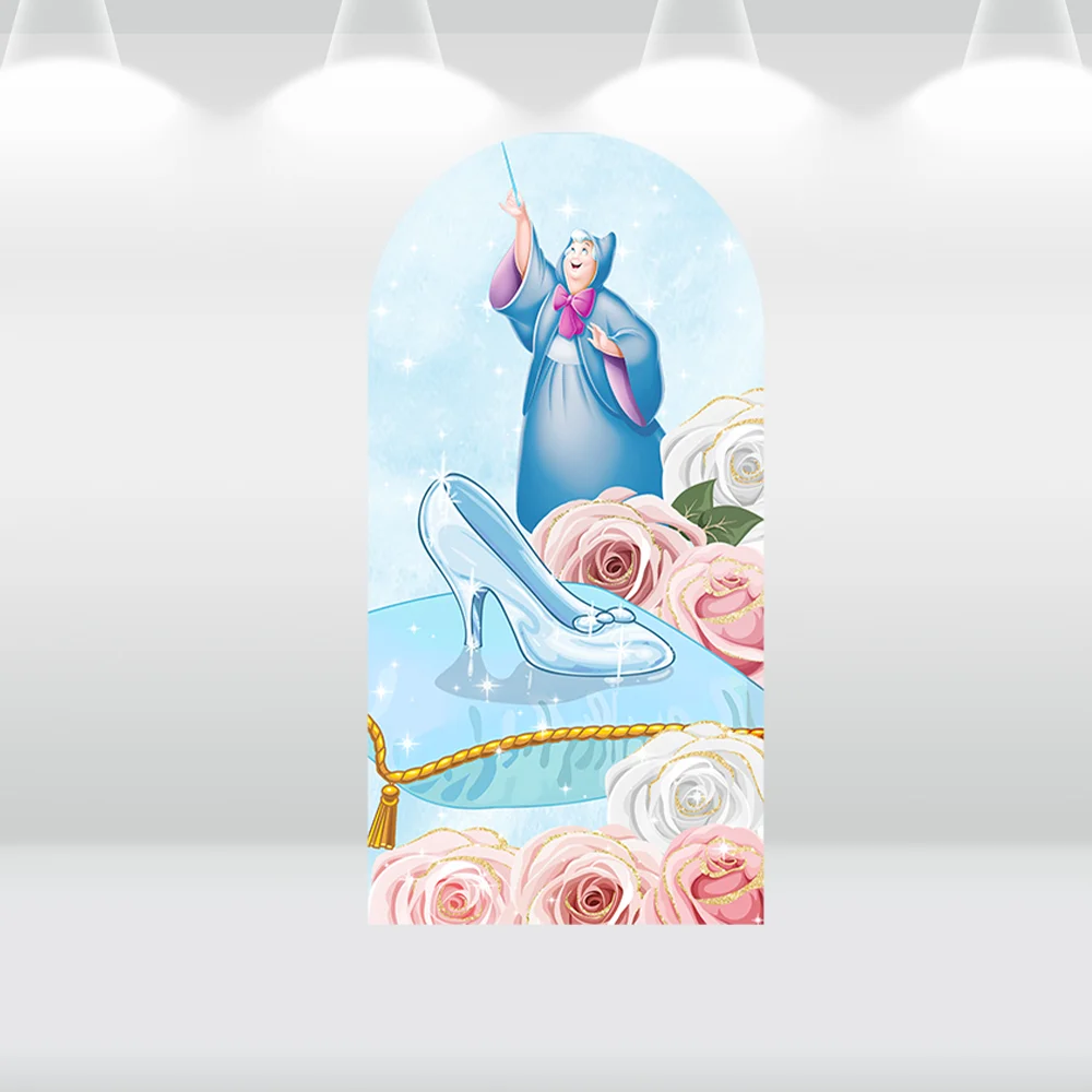 Castelo azul Cinderella Party Arch Backdrop para menina, Princess Round Cover, Baby Shower Banner, Relógio de ouro, Decoração de aniversário