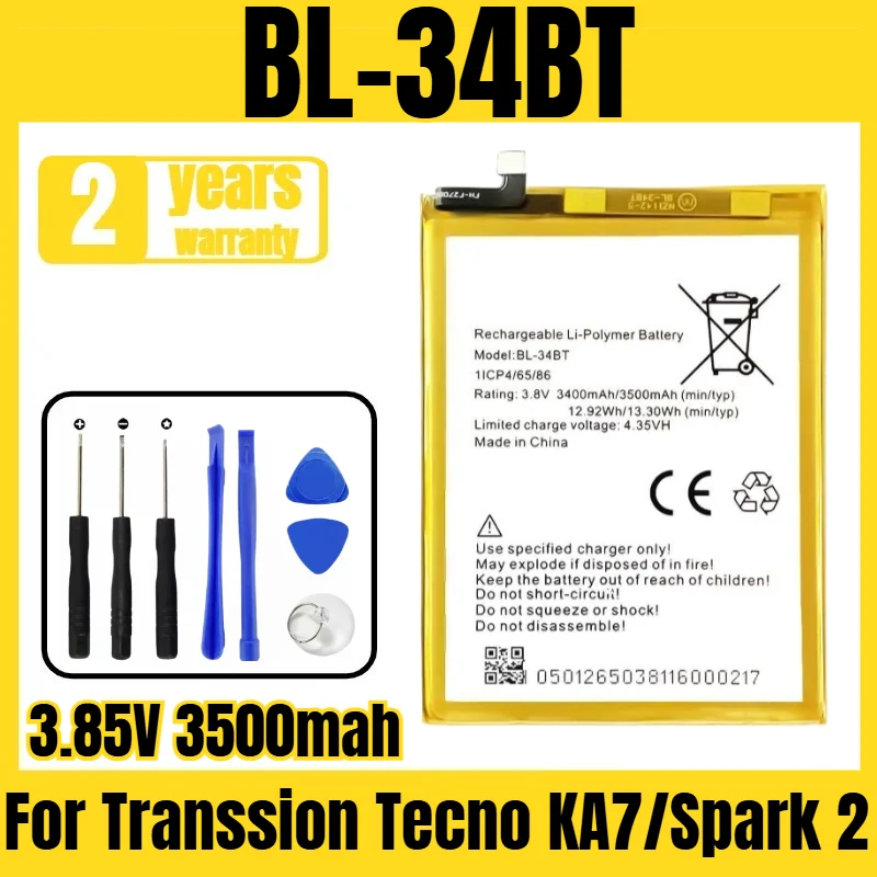 Suitable for Transsion Tecno KA7/Spark 2 battery BL-34BT mobile phone battery, new large capacity, free tool 3.85V 3500mah