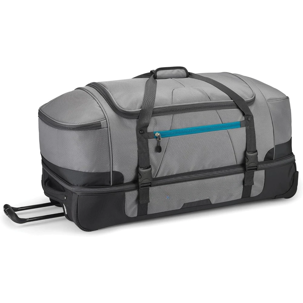 

34 Inch Polyester Drop Bottom Wheeled Rolling Portable Duffel Travel Bag with Recessed Telescoping Handle, Grey/Blue