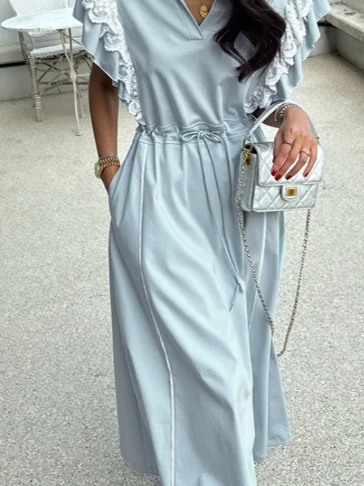 Ele Summer 2025 Chic Faion Gonna lunga da donna Dr Ruffle Splicing New Sle Pendolarismo Or Sve Colletto A-line S...