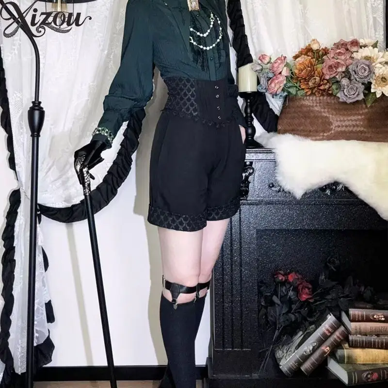 Women's High Waist Shorts Gothic Punk Y2K Style Black Casual Shorts Summer Autumn Slim Fit Solid Color Short Pants Femme