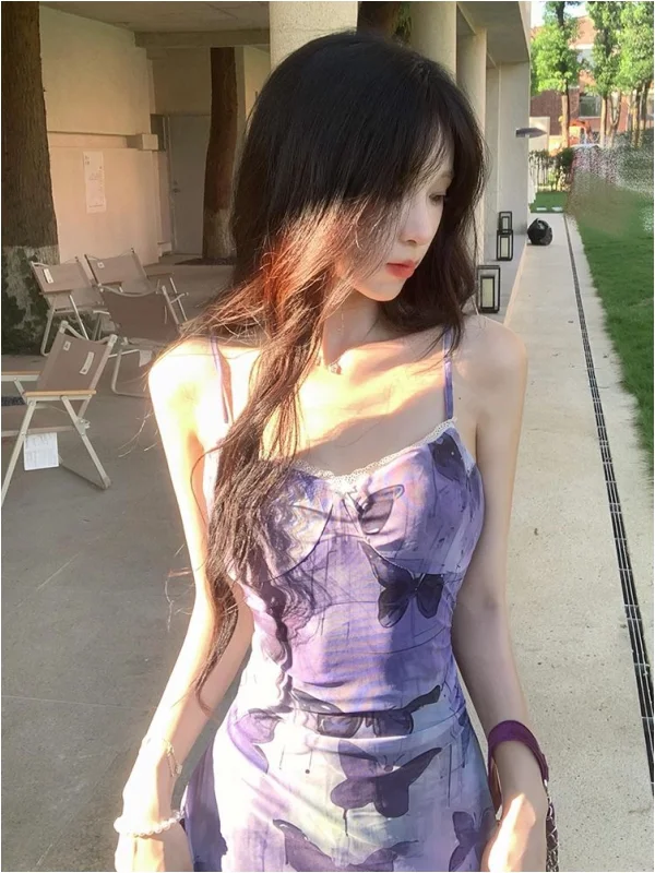 Summer Pure Desire Floral Print Purple Strap Dr Women's Sweet Spicy Slim Fit Long Skirt High Waist No Sve Commute Sle