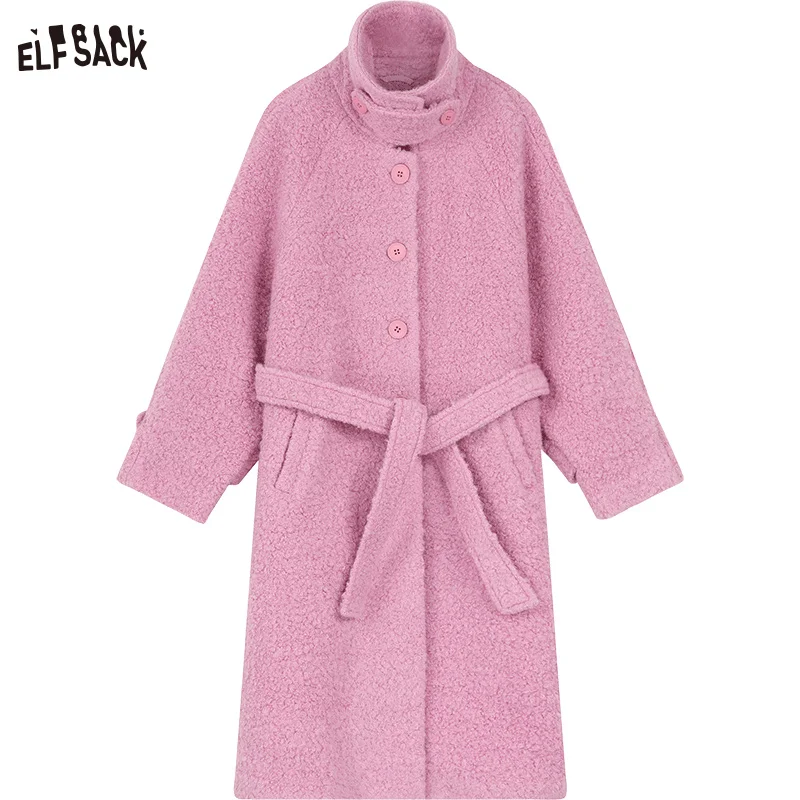 ELFSACK Pink Warm Wool Coats Women 2023 Winter Sweety Loose Long Outwears