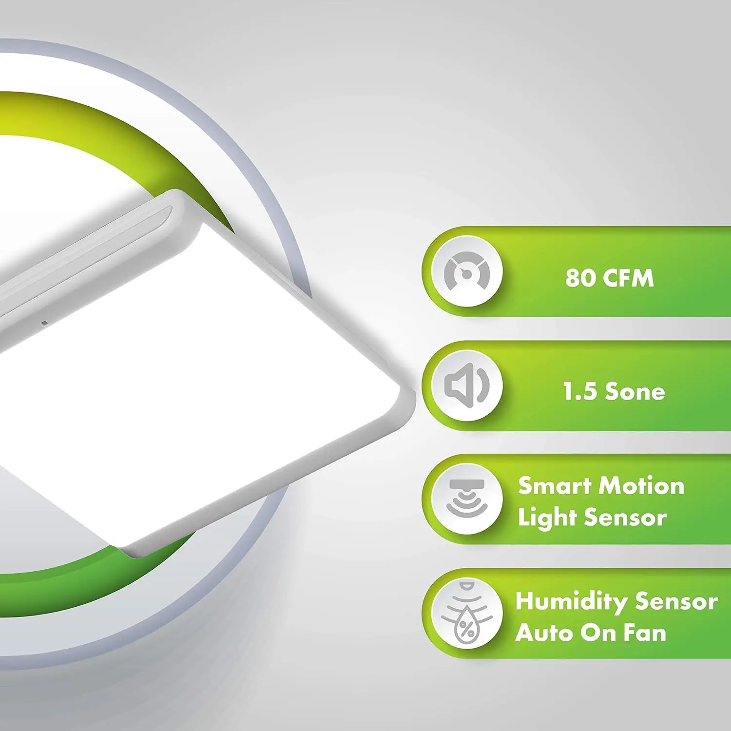 Ventilador de baño 7146-80-MS, luz LED regulable integrada, Sensor de humedad, Ventilación de escape, 1,5 Sones 80 CFM, movimiento inteligente blanco