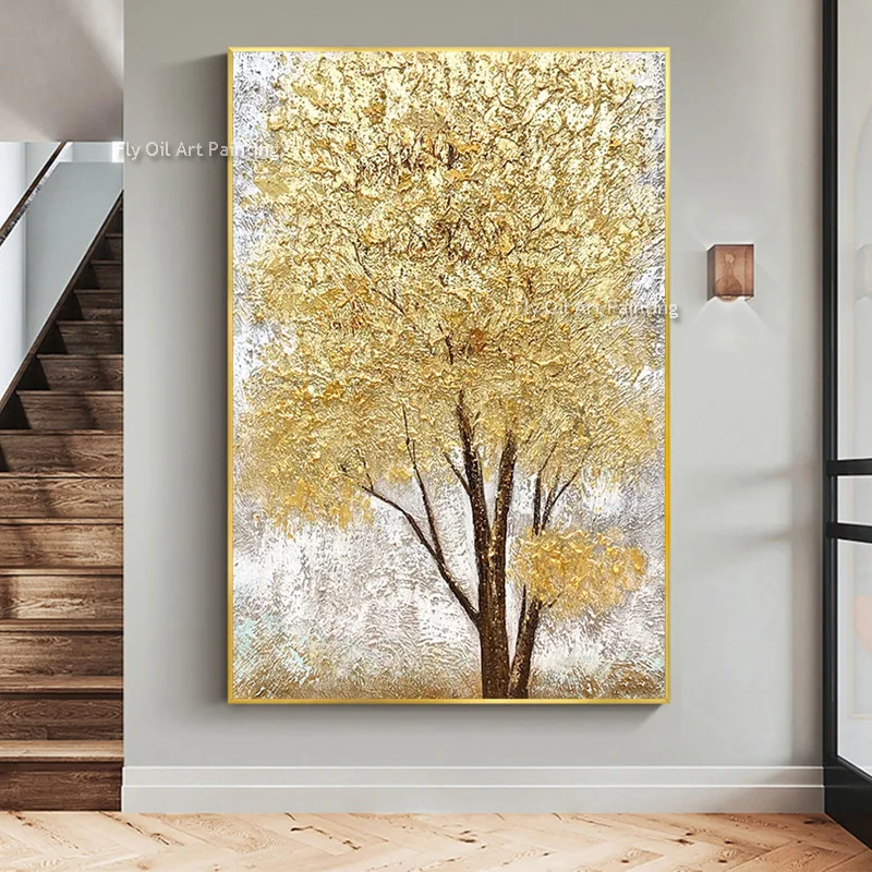 Large Abtsract Golden Tree Knife Thick Canvas Art Handpainted Gold Tree Landscape Oil Painting For Home Decor Special Design Ar