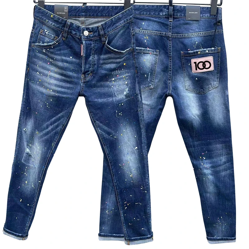 100 chareiharper c017 Men's Jeans Ripped patch Trend Elastic slim small foot pants  match men's pants c011 c068 c067